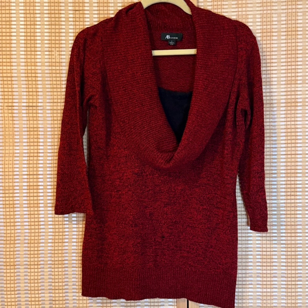 AB Studio Womens Burgundy Cowl Neck 3/4 Sleeve Marl Knit Sweater L Lagenlook